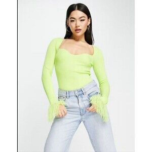 ASOS DESIGN Knitted Top W Sweetheart Neck Faux Feather Trims In Lime Yellow Sz 8